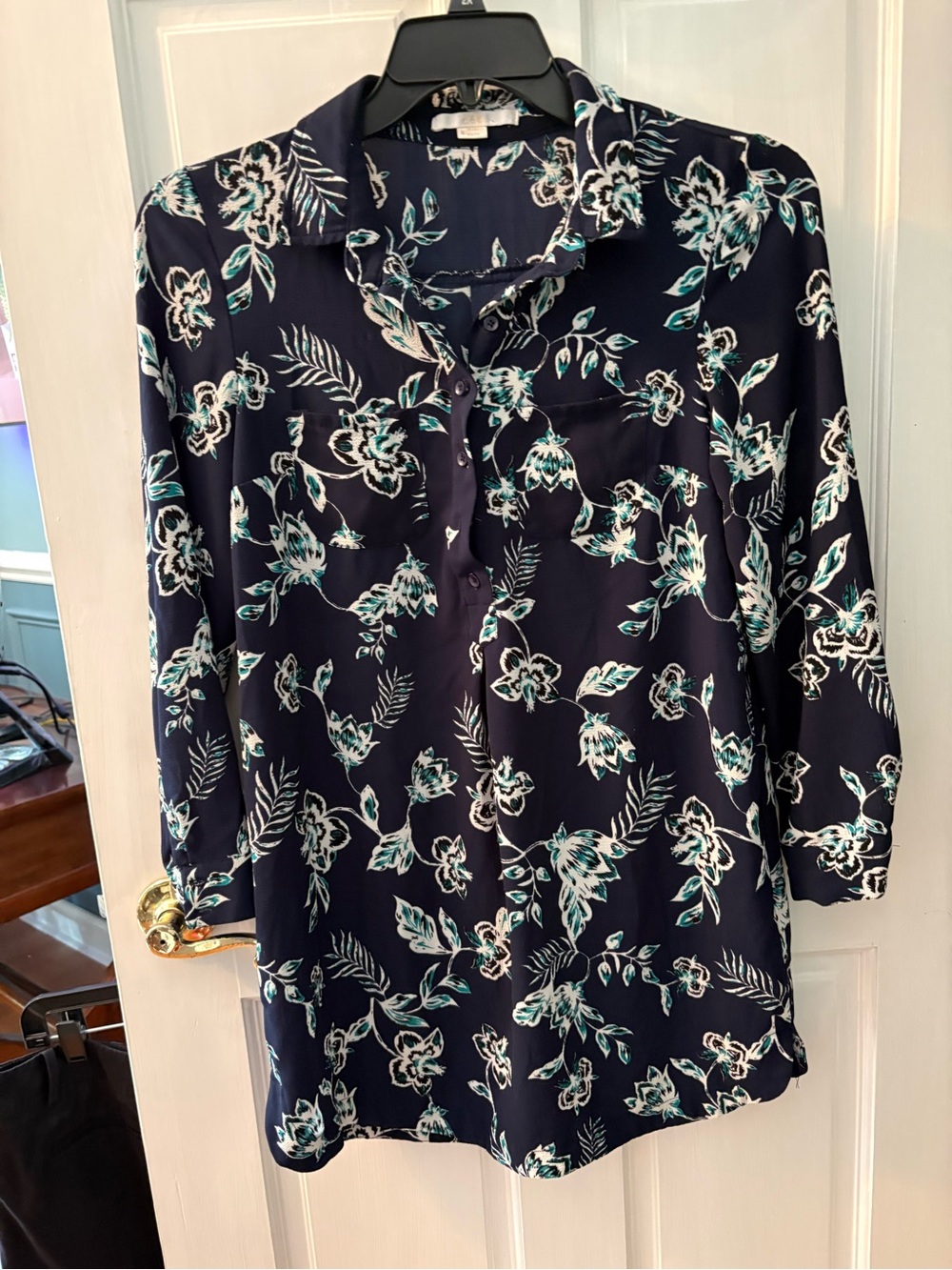 Navy Floral Button-Front Women's Blouse